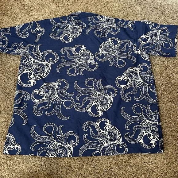 Makani Hawaii Shirt Mens Octopus Large Blue Tribal Microfiber Hawaiian Aloha - Picture 7 of 8